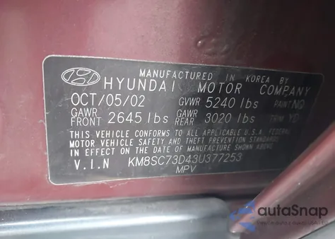 2003 Hyundai Santa Fe Gls/Lx из США, поврежденный, VIN KM8SC73D434377253